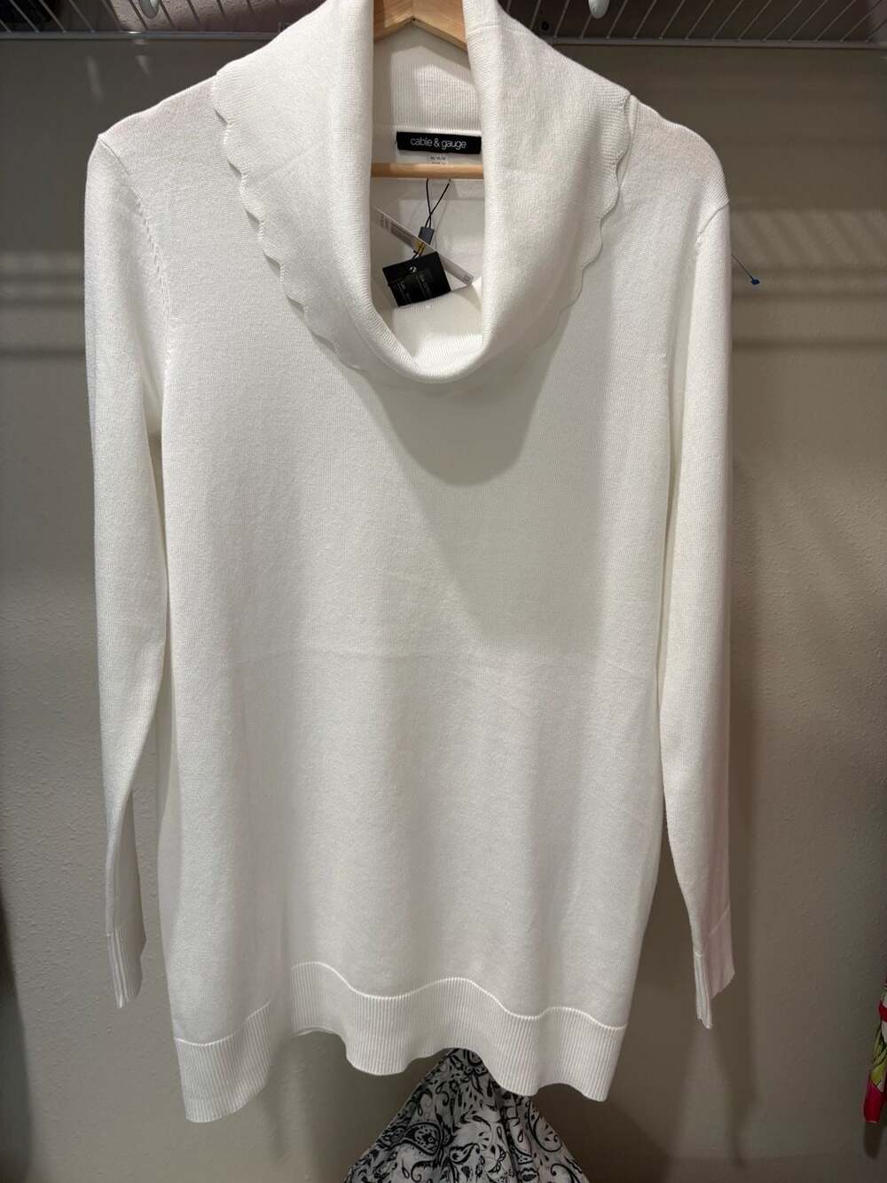 cable & gauge White Cowl Neck Long Sleeve Sweater with Scalloped Edge Detail - Picture 2 of 8
